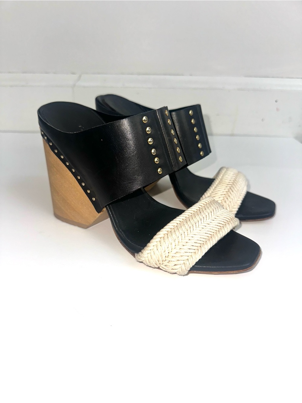 Thakoon Black and Cream Two-Band Block Heel Sandals